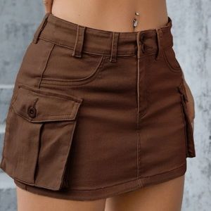 Brown Flap Pocket Cargo Denim Skirt